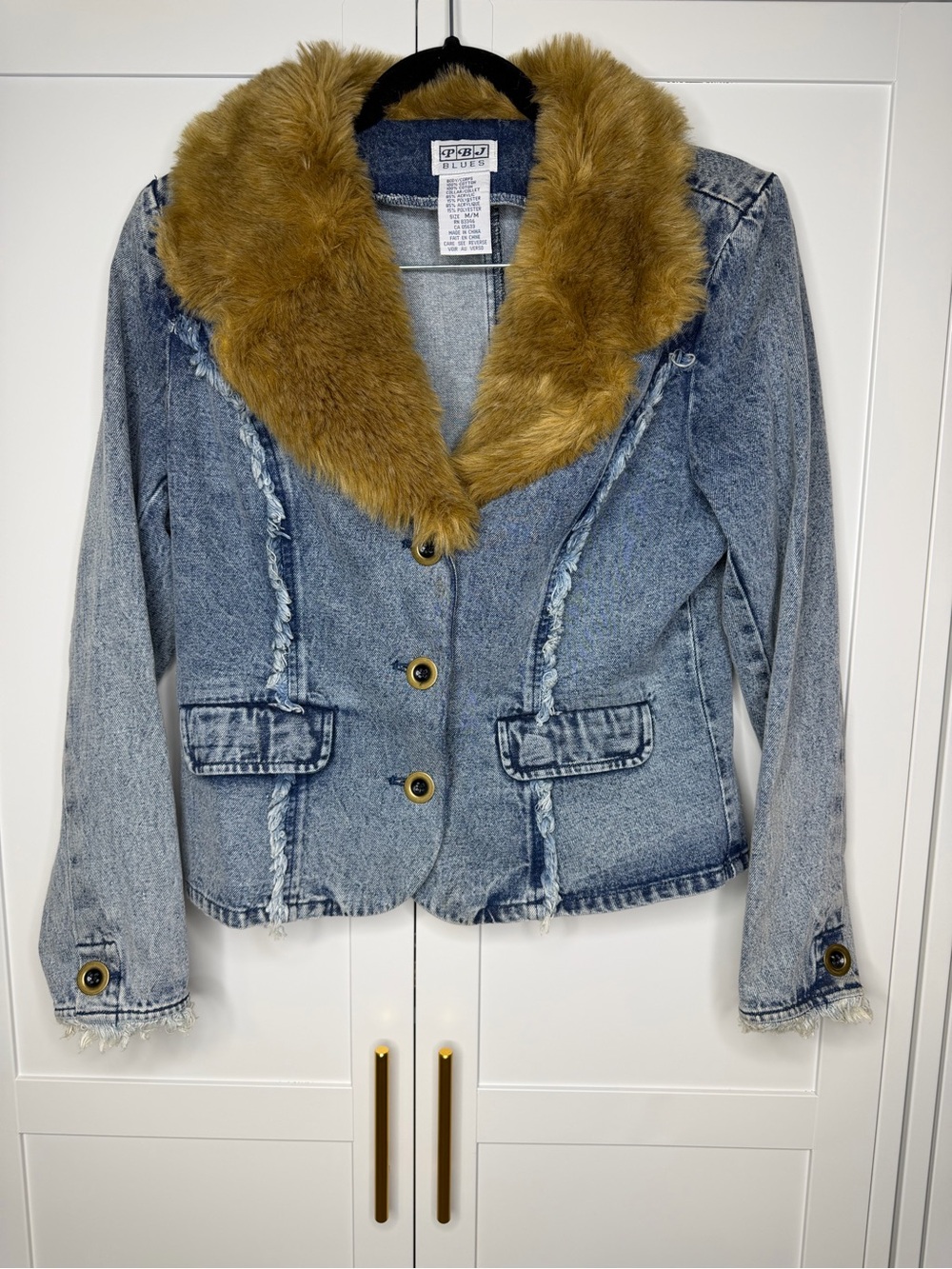PBJ Blues Vintage Knit Denim Jacket Cotton Faux Fur Collar Medium M Y2K